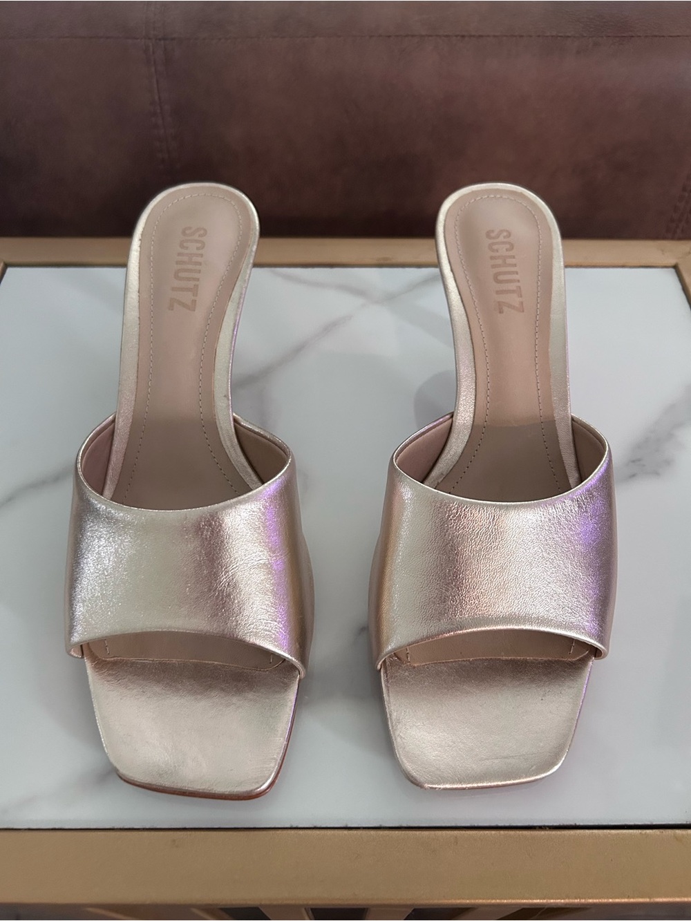 Schutz Dethalia Iridescent Gold Mule Heeled Sandals